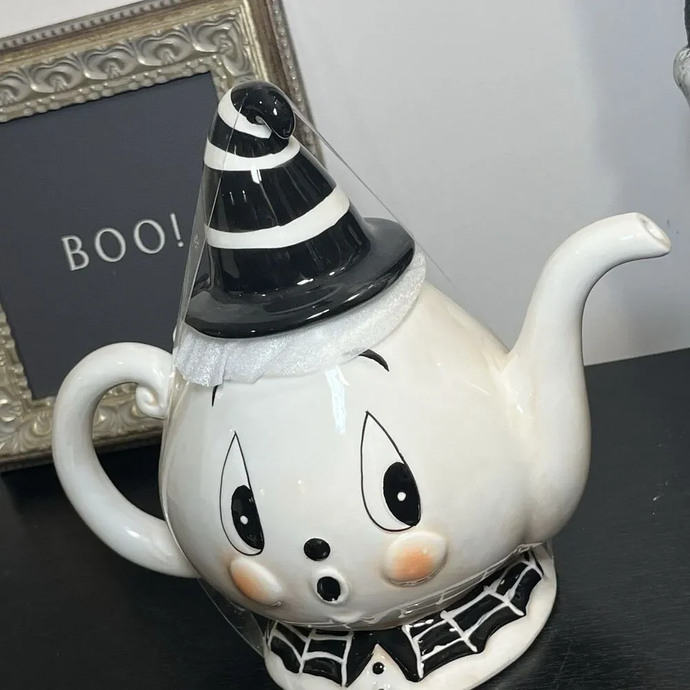 Johanna Parker Halloween Ghost Ceramic Teapot Striped Witch Hat Lid Spiderweb